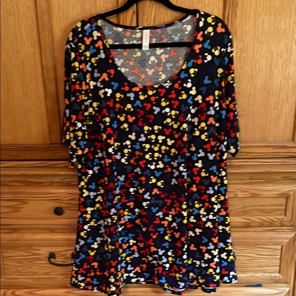 LuLaRoe Blue Perfect Tee with Mickey Mouse Pattern
